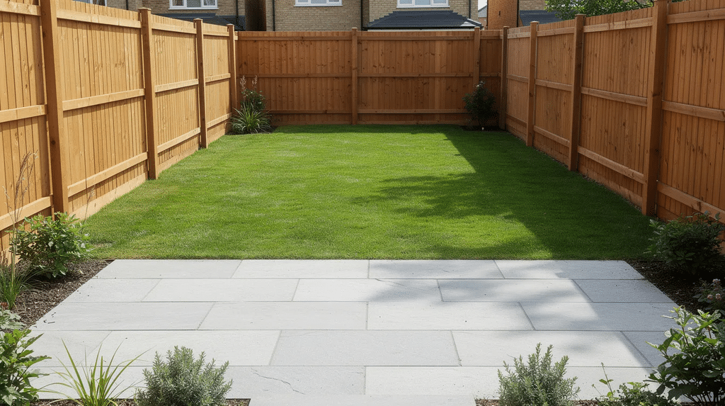 The image depicts a tidy residential back garden featuring a clean patio area, a lush green lawn, and new wooden fencing, showcasing the excellent work of professional landscapers. This outdoor space exemplifies effective garden design and maintenance, creating a dream garden for homeowners.