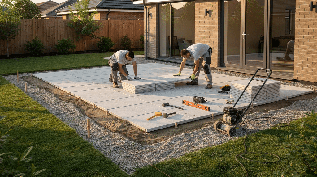 A team of professional landscapers is installing stone slabs for a patio on a prepared base in a residential garden, showcasing the hard landscaping process. The project highlights the transformation of the outdoor space into a stylish area for homeowners to enjoy.