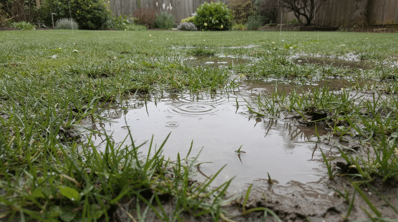 waterlogged garden The image depicts a waterlogged garden lawn, where patches of green grass are submerged under standing puddles of water following a heavy rain. This scene highlights the challenges of poor drainage in outdoor spaces, which can be a concern for homeowners and landscape gardeners during the garden maintenance process.